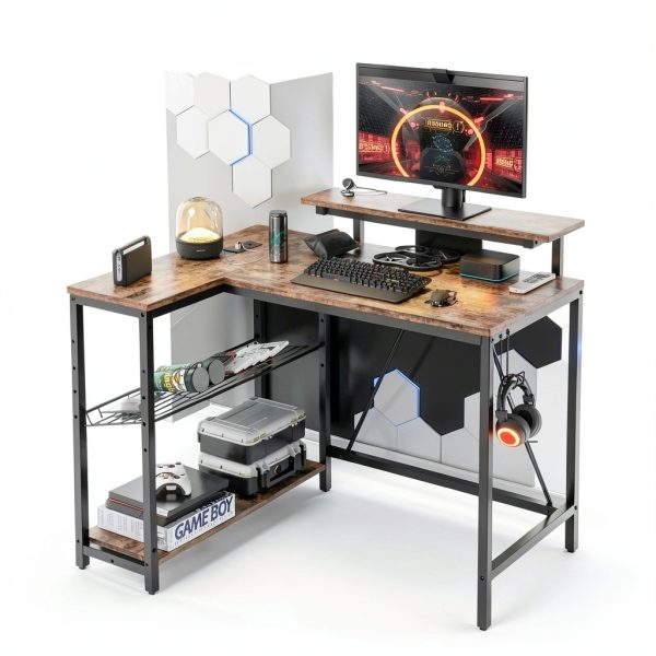 Bestier L Shaped Gaming Desk with Power Outlets LED Lights-6