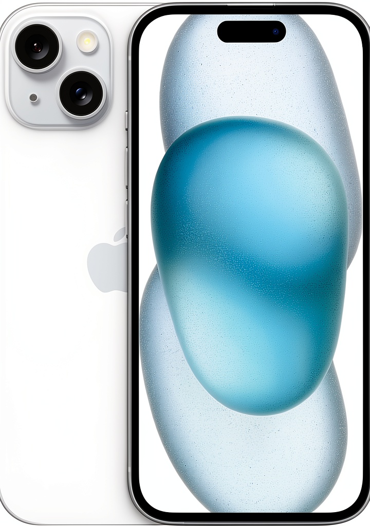 Pre-owned iPhone 15 Blue 256GB showing home screen with battery percentage visible