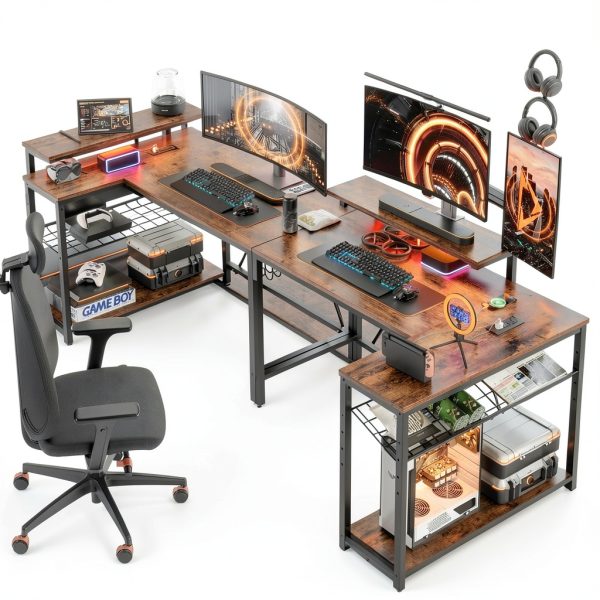 Bestier L Shaped Gaming Desk with Power Outlets LED Lights-5