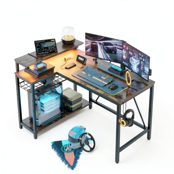 Bestier L Shaped Gaming Desk with Power Outlets LED Lights-1