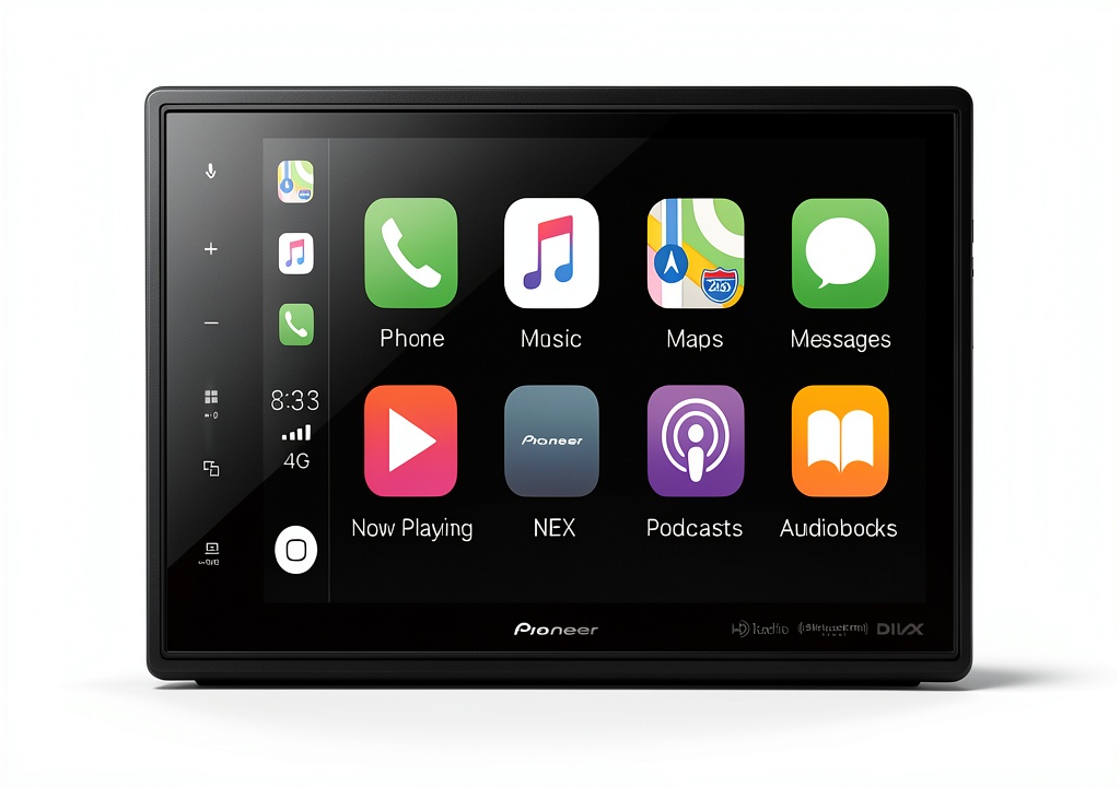 Pioneer 8-inch car stereo installed in a sedan dashboard