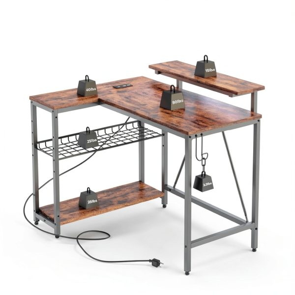 Bestier L Shaped Gaming Desk with Power Outlets LED Lights-2