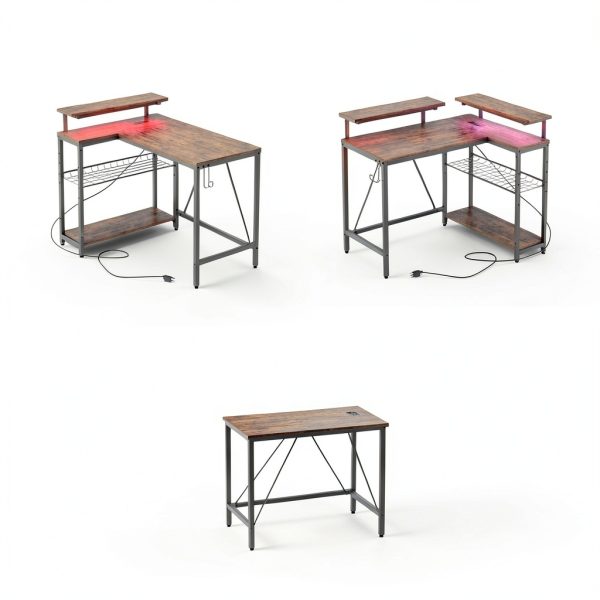 Bestier L Shaped Gaming Desk with Power Outlets LED Lights-3