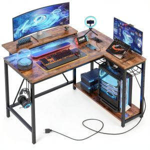 Bestier L Shaped Gaming Desk with Power Outlets LED Lights-0