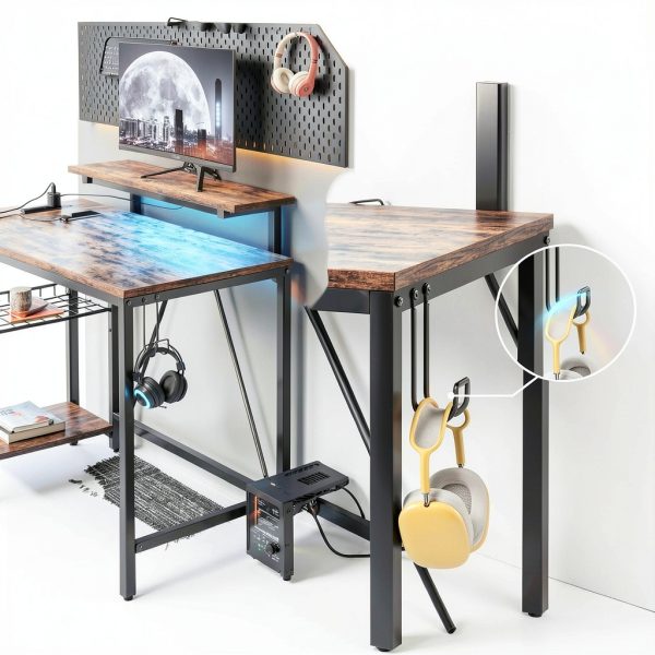 Bestier L Shaped Gaming Desk with Power Outlets LED Lights-8