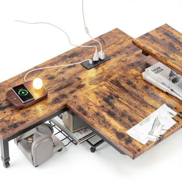 Bestier L Shaped Gaming Desk with Power Outlets LED Lights-7